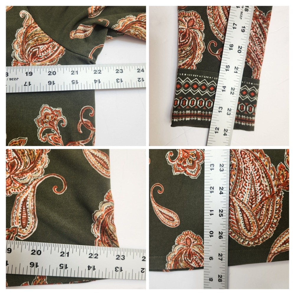 Belle Kim Gravel Women's Olive Green Paisley Print Long Sleeve V Neck Top Size L - Picture 8 of 9